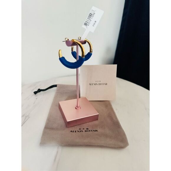 Alexis‎ Bittar Retro Memphis 14K Yellow Goldplated Half-Hoop Earrings, Blue, NWT - Picture 3 of 16